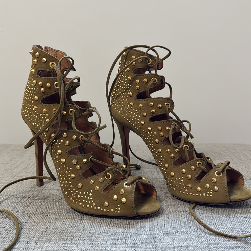 Schutz Olive Green Studded Lace-Up Heels